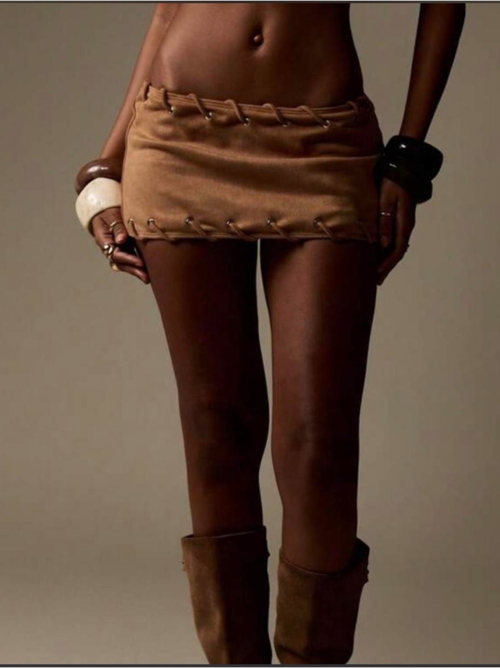 Brown Suede Lace-Trim Mini Skirt